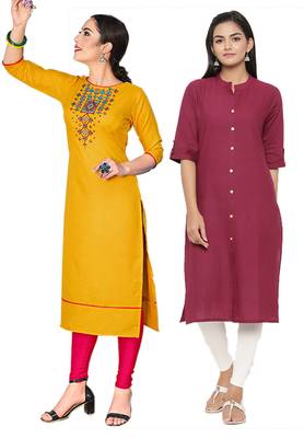 Mirraw Classiques Embroidered Yellow And Pink Plain Cotton Stitched Kurti ( Pack of 2 ) 1
