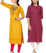 Mirraw Classiques Embroidered Yellow And Pink Plain Cotton Stitched Kurti ( Pack of 2 )
