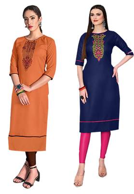 Mirraw Classiques Embroidered Orange And Blue Cotton Stitched Kurti ( Pack of 2 ) 1