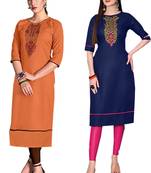 Mirraw Classiques Embroidered Orange And Blue Cotton Stitched Kurti ( Pack of 2 )