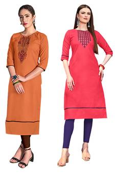 Mirraw Classiques Embroidered Orange And Pink Cotton Stitched Kurti ( Pack of 2 )