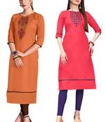 Mirraw Classiques Embroidered Orange And Pink Cotton Stitched Kurti ( Pack of 2 )