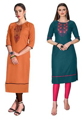 Mirraw Classiques Embroidered Orange And Green Cotton Stitched Kurti ( Pack of 2 ) 1