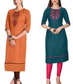 Mirraw Classiques Embroidered Orange And Green Cotton Stitched Kurti ( Pack of 2 )