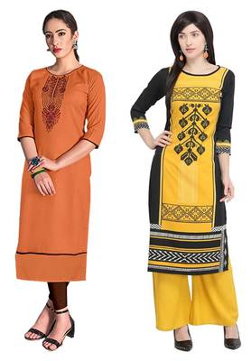 Mirraw Classiques Embroidered Orange And Black Printed Cotton Stitched Kurti ( Pack of 2 ) 1