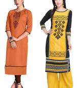 Mirraw Classiques Embroidered Orange And Black Printed Cotton Stitched Kurti ( Pack of 2 )