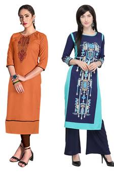Mirraw Classiques Embroidered Orange And Blue Printed Crepe Cotton Stitched Kurti ( Pack of 2 )