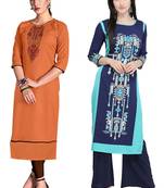 Mirraw Classiques Embroidered Orange And Blue Printed Crepe Cotton Stitched Kurti ( Pack of 2 )