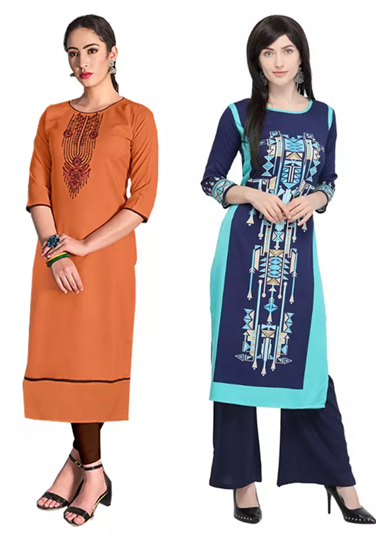 Mirraw Classiques Embroidered Orange And Blue Printed Crepe Cotton Stitched Kurti ( Pack of 2 )