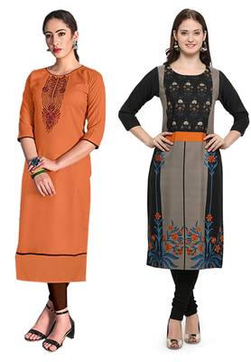 Mirraw Classiques Embroidered Orange And Black Printed Crepe Cotton Stitched Kurti ( Pack of 2 ) 1