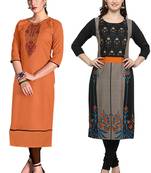Mirraw Classiques Embroidered Orange And Black Printed Crepe Cotton Stitched Kurti ( Pack of 2 )