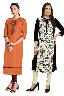 Mirraw Classiques Embroidered Orange And Black-White Printed Crepe Cotton Stitched Kurti ( Pack of 2 )