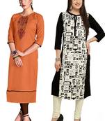 Mirraw Classiques Embroidered Orange And Black-White Printed Crepe Cotton Stitched Kurti ( Pack of 2 )