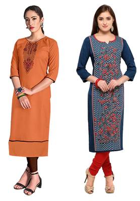 Mirraw Classiques Embroidered Orange And Blue-Red Printed Crepe Cotton Stitched Kurti ( Pack of 2 ) 1