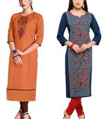 Mirraw Classiques Embroidered Orange And Blue-Red Printed Crepe Cotton Stitched Kurti ( Pack of 2 )