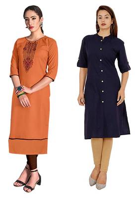 Mirraw Classiques Embroidered Orange And Navy Blue Plain Cotton Stitched Kurti ( Pack of 2 ) 1