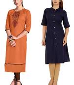 Mirraw Classiques Embroidered Orange And Navy Blue Plain Cotton Stitched Kurti ( Pack of 2 )