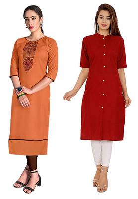 Mirraw Classiques Embroidered Orange And Red Plain Cotton Stitched Kurti ( Pack of 2 ) 1