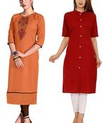 Mirraw Classiques Embroidered Orange And Red Plain Cotton Stitched Kurti ( Pack of 2 )