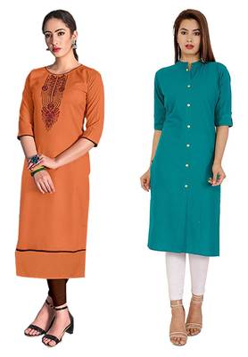 Mirraw Classiques Embroidered Orange And Turquoise Plain Cotton Stitched Kurti ( Pack of 2 ) 1