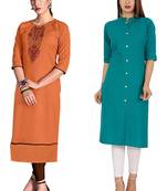 Mirraw Classiques Embroidered Orange And Turquoise Plain Cotton Stitched Kurti ( Pack of 2 )
