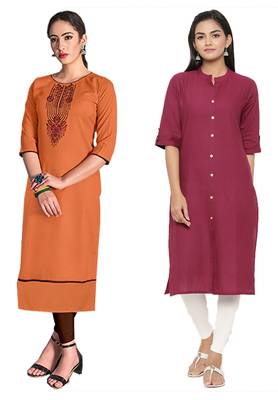 Mirraw Classiques Embroidered Orange And Pink Plain Cotton Stitched Kurti ( Pack of 2 ) 1