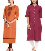 Mirraw Classiques Embroidered Orange And Pink Plain Cotton Stitched Kurti ( Pack of 2 )
