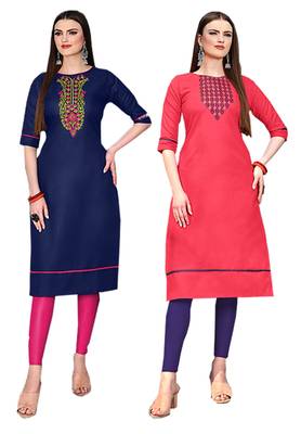 Mirraw Classiques Embroidered Blue And Pink Cotton Stitched Kurti ( Pack of 2 ) 1