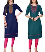 Mirraw Classiques Embroidered Blue And Green Cotton Stitched Kurti ( Pack of 2 )