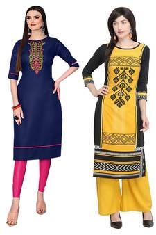 Mirraw Classiques Embroidered Blue And Printed Black Cotton Stitched Kurti ( Pack of 2 )