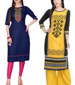 Mirraw Classiques Embroidered Blue And Printed Black Cotton Stitched Kurti ( Pack of 2 )