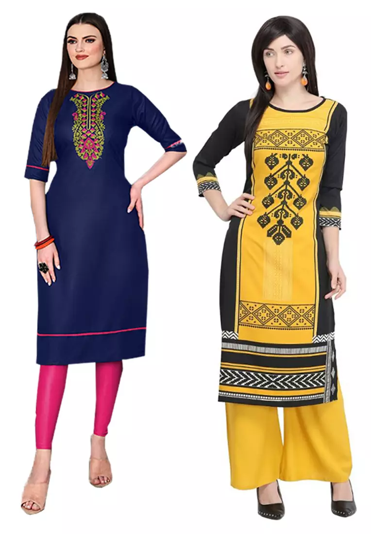 Mirraw Classiques Embroidered Blue And Printed Black Cotton Stitched Kurti ( Pack of 2 )