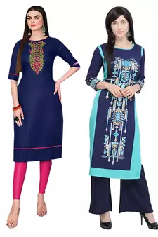 Mirraw Classiques Embroidered Blue And Printed Blue Crepe Cotton Stitched Kurti ( Pack of 2 )