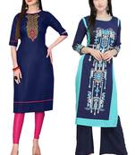 Mirraw Classiques Embroidered Blue And Printed Blue Crepe Cotton Stitched Kurti ( Pack of 2 )