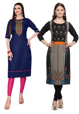 Mirraw Classiques Embroidered Blue And Printed Black Crepe Cotton Stitched Kurti ( Pack of 2 ) 1