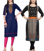 Mirraw Classiques Embroidered Blue And Printed Black Crepe Cotton Stitched Kurti ( Pack of 2 )