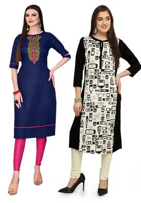 Mirraw Classiques Embroidered Blue And Printed Black-White Crepe Cotton Stitched Kurti ( Pack of 2 ) 1