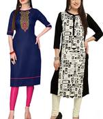 Mirraw Classiques Embroidered Blue And Printed Black-White Crepe Cotton Stitched Kurti ( Pack of 2 )