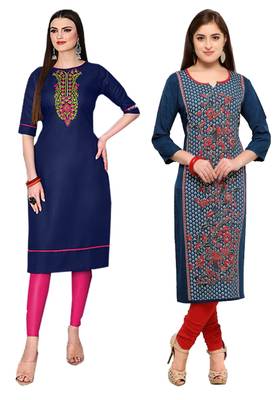 Mirraw Classiques Embroidered Blue And Printed Blue-Red Crepe Cotton Stitched Kurti ( Pack of 2 ) 1