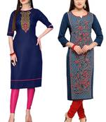 Mirraw Classiques Embroidered Blue And Printed Blue-Red Crepe Cotton Stitched Kurti ( Pack of 2 )