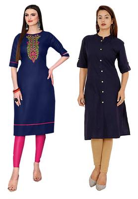 Mirraw Classiques Embroidered Blue And Plain Navy Blue Cotton Stitched Kurti ( Pack of 2 ) 1