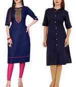 Mirraw Classiques Embroidered Blue And Plain Navy Blue Cotton Stitched Kurti ( Pack of 2 )