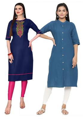 Mirraw Classiques Embroidered Blue And Plain Blue Cotton Stitched Kurti ( Pack of 2 ) 1