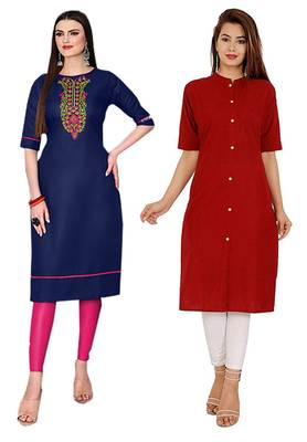 Mirraw Classiques Embroidered Blue And Plain Red Cotton Stitched Kurti ( Pack of 2 ) 1