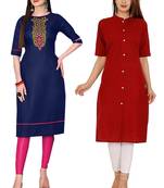 Mirraw Classiques Embroidered Blue And Plain Red Cotton Stitched Kurti ( Pack of 2 )