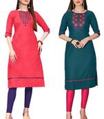 Mirraw Classiques Embroidered Pink And Green Embroidered Cotton Stitched Kurti ( Pack of 2 )