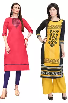 Mirraw Classiques Embroidered Pink And Black Printed Cotton Stitched Kurti ( Pack of 2 )