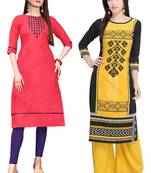 Mirraw Classiques Embroidered Pink And Black Printed Cotton Stitched Kurti ( Pack of 2 )