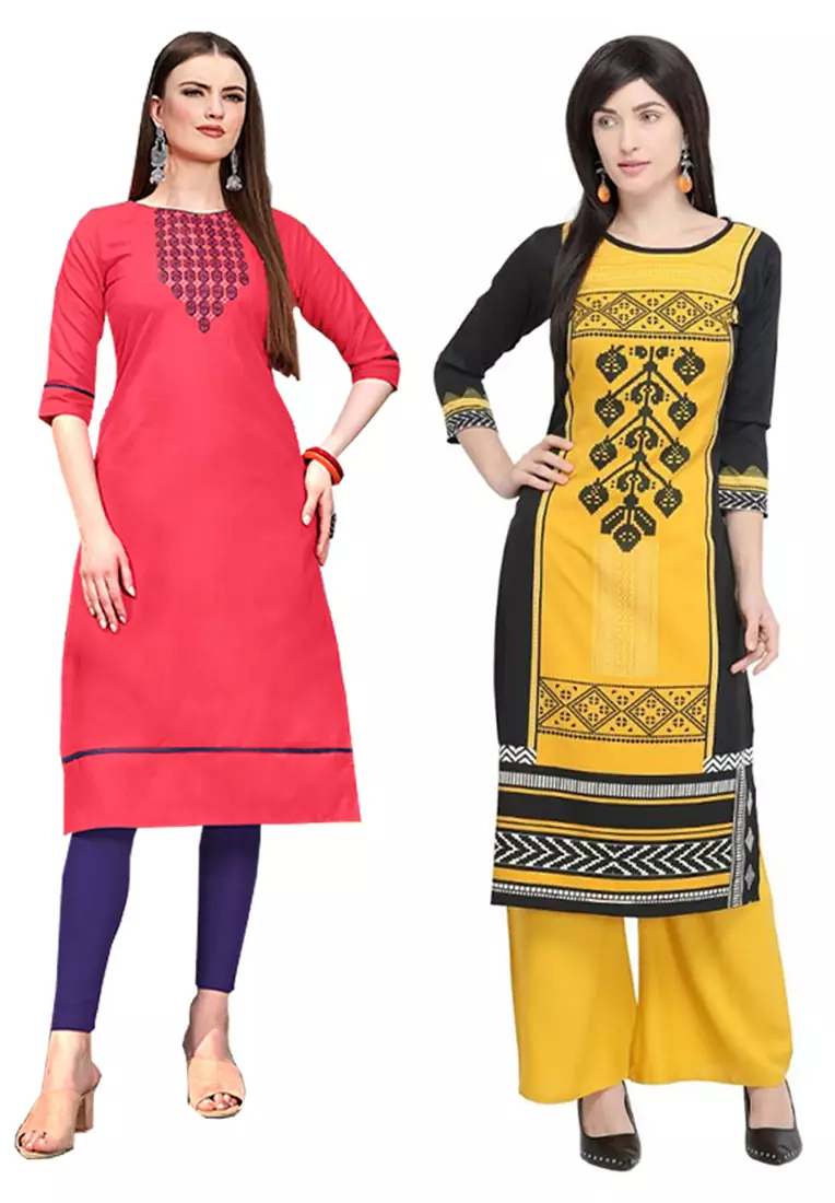 Mirraw Classiques Embroidered Pink And Black Printed Cotton Stitched Kurti ( Pack of 2 )