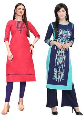 Mirraw Classiques Embroidered Pink And Printed Blue Crepe Cotton Stitched Kurti ( Pack of 2 ) 1
